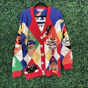 Vtg Jack B Quick Cat Knit Cardigan Size Large  Multicolor Button Front